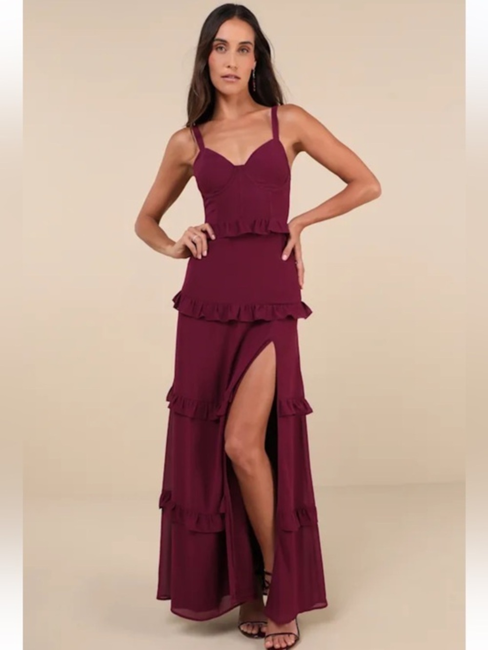 NWT Lulus Sincerely Poised Plum Purple Backless Bustier Tiered Maxi Dress